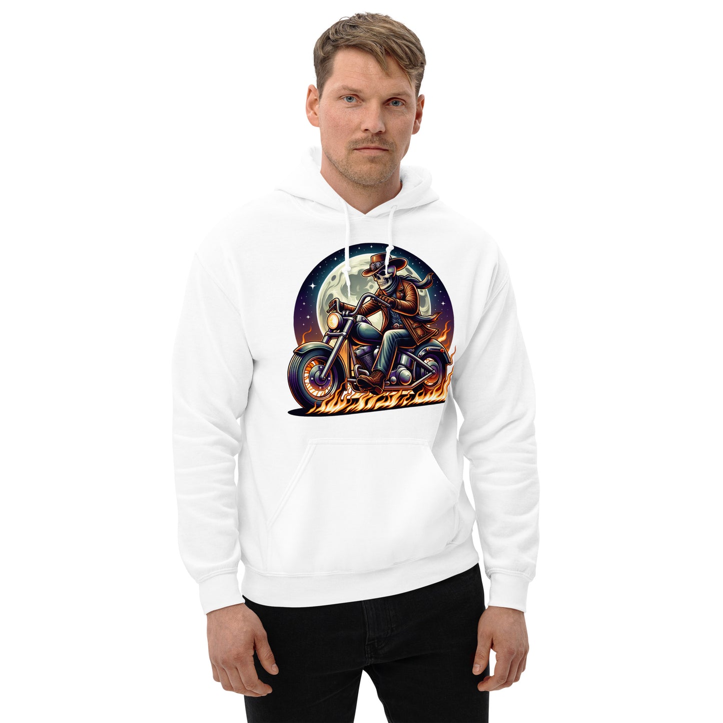 Moonlight Skeleton Cowboy Biker Unisex Hoodie