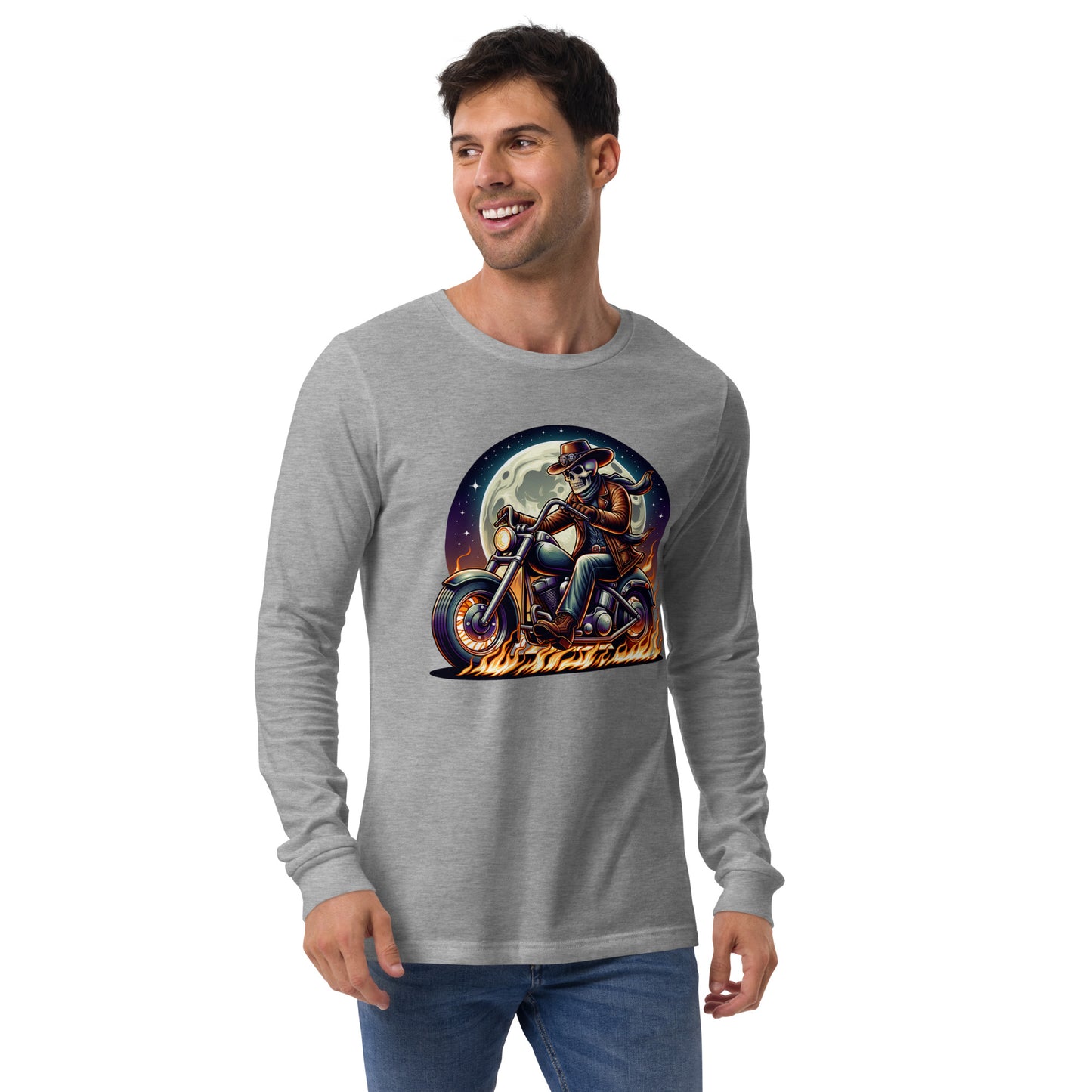 Moonlight Skeleton Cowboy Biker Unisex Long Sleeve Shirt