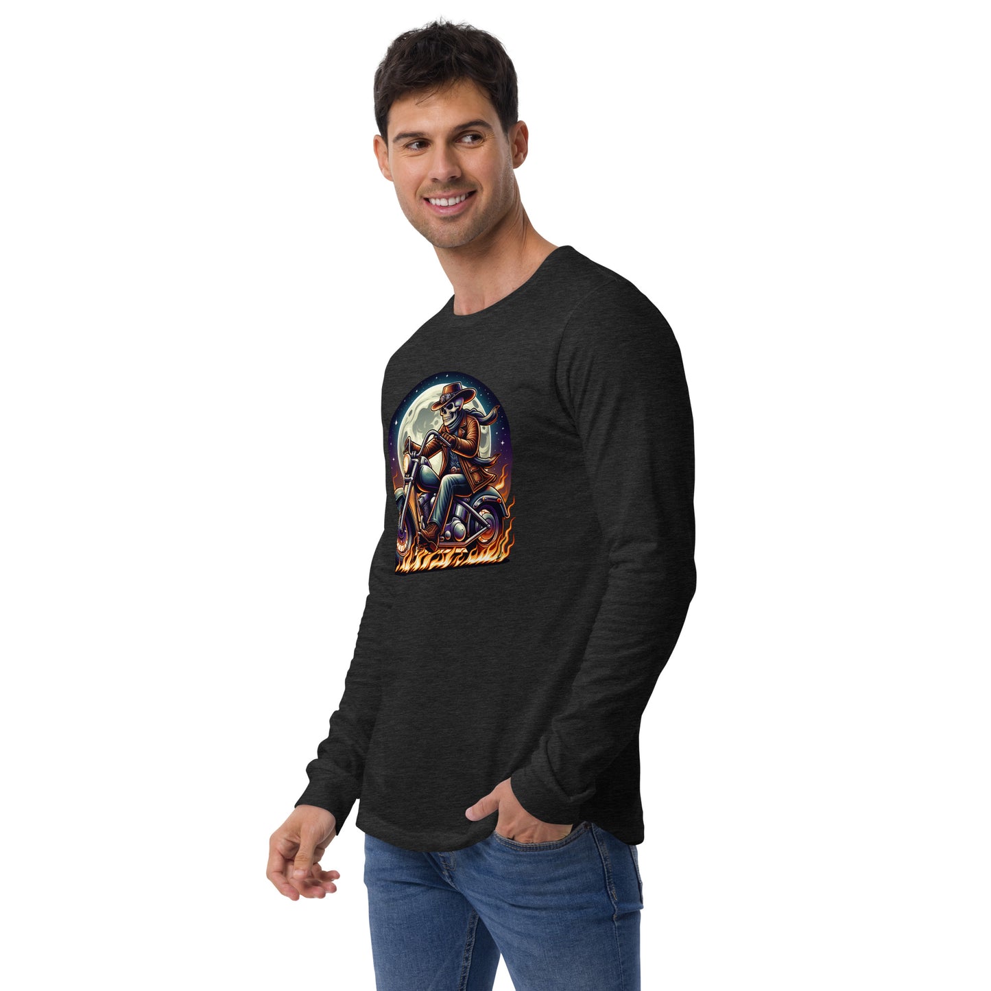 Moonlight Skeleton Cowboy Biker Unisex Long Sleeve Shirt