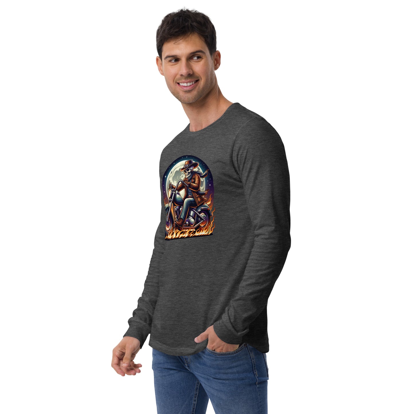 Moonlight Skeleton Cowboy Biker Unisex Long Sleeve Shirt