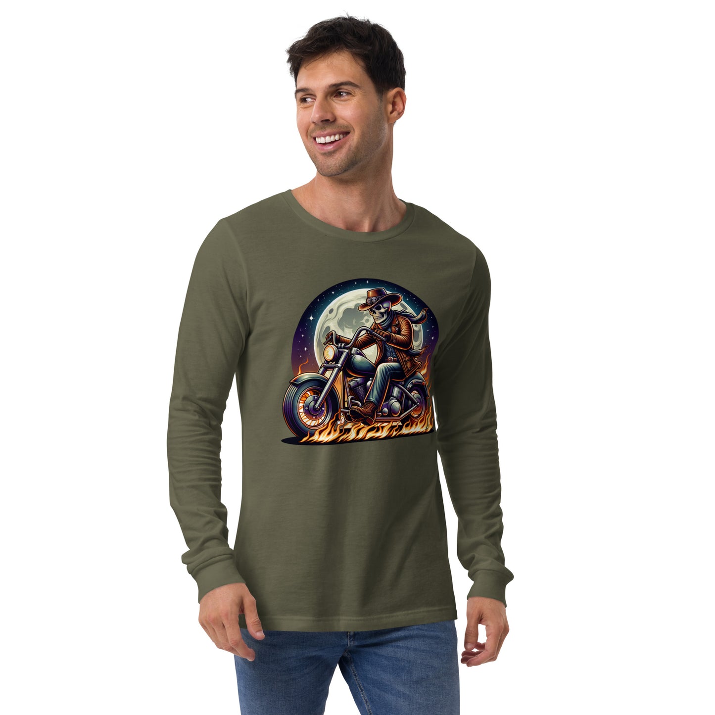 Moonlight Skeleton Cowboy Biker Unisex Long Sleeve Shirt