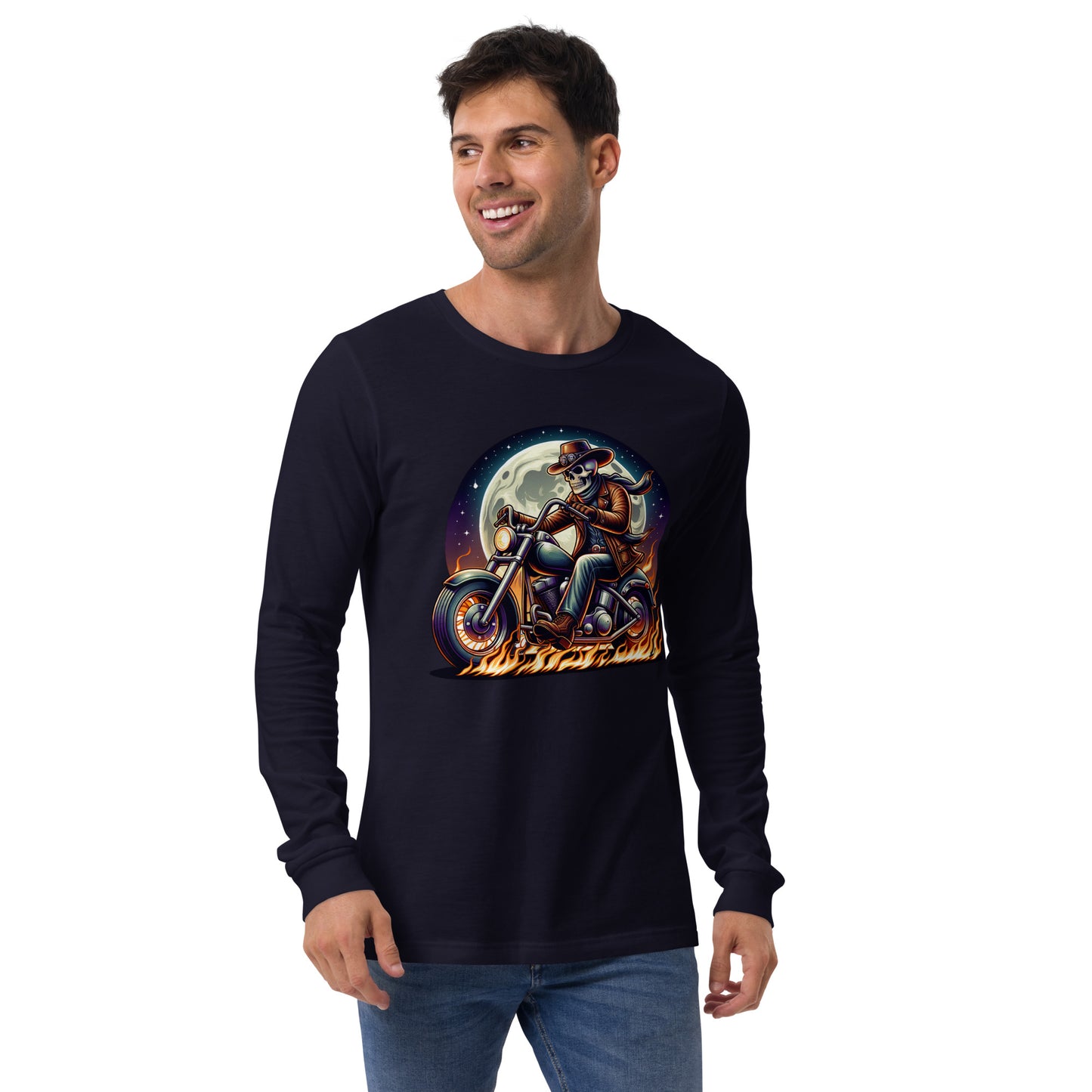 Moonlight Skeleton Cowboy Biker Unisex Long Sleeve Shirt