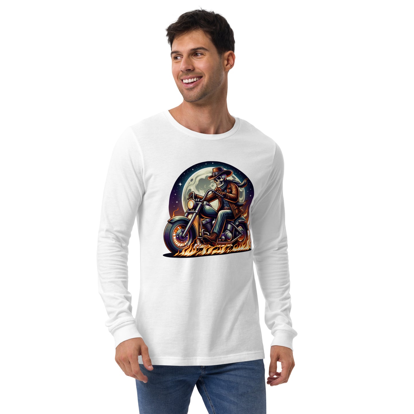 Moonlight Skeleton Cowboy Biker Unisex Long Sleeve Shirt