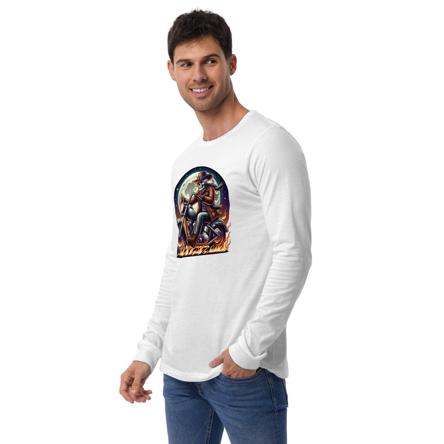 Moonlight Skeleton Cowboy Biker Unisex Long Sleeve Shirt