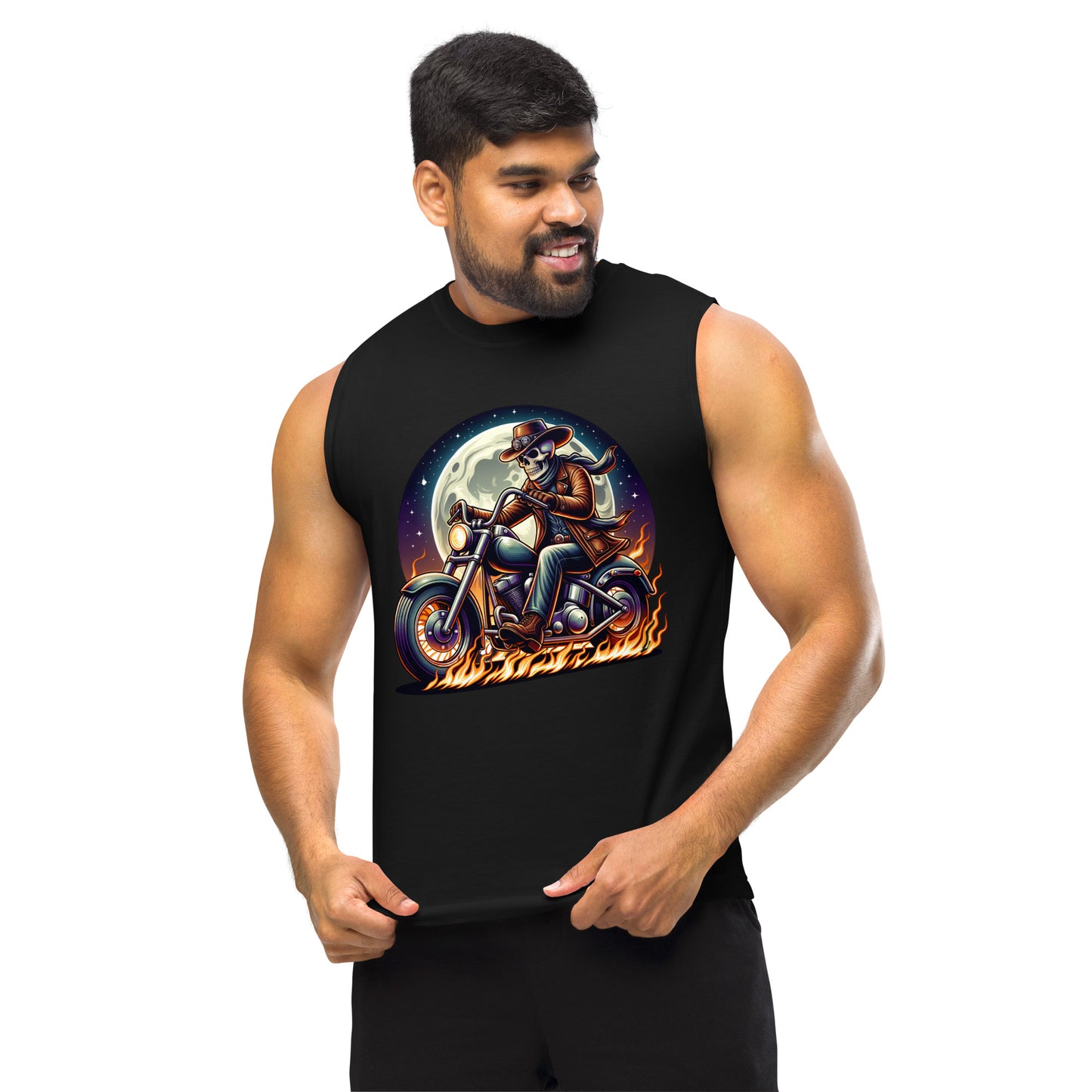 Moonlight Skeleton Cowboy Biker Unisex Muscle Shirt