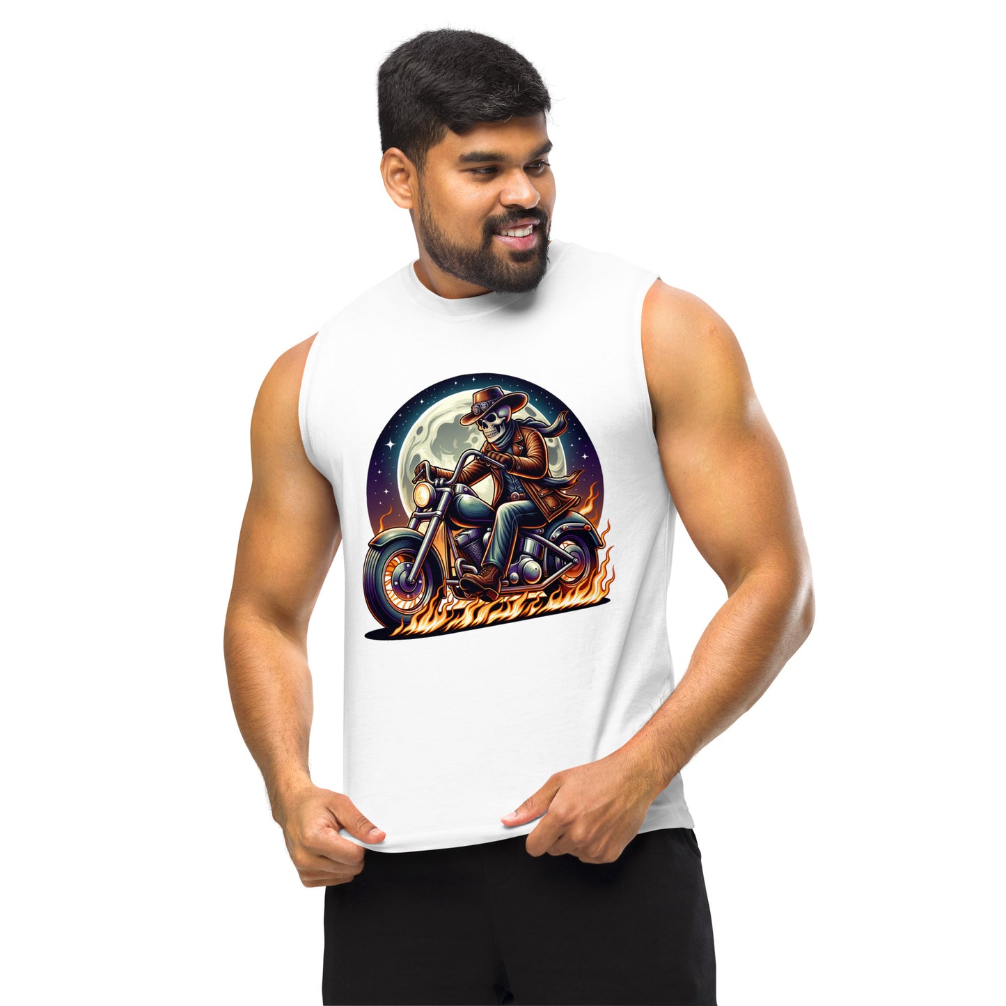 Moonlight Skeleton Cowboy Biker Unisex Muscle Shirt