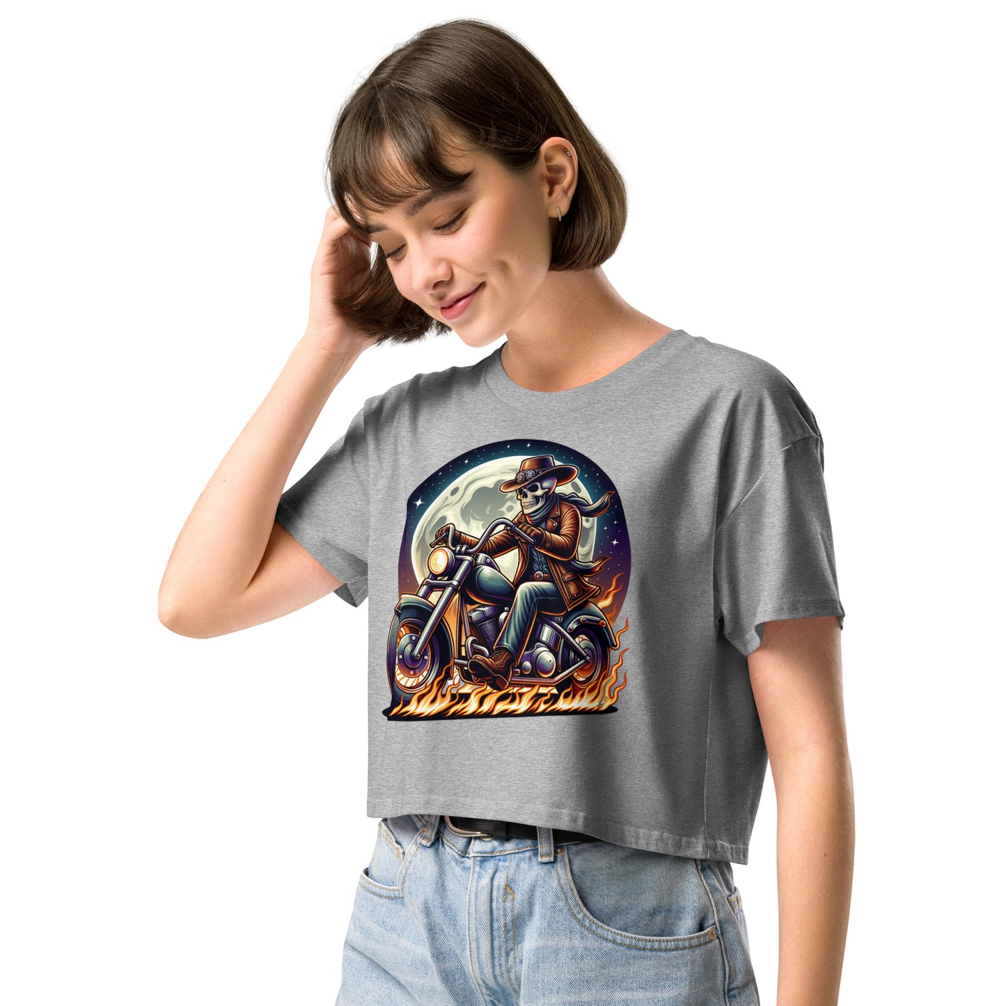 Moonlight Skeleton Cowboy Biker Women’s Crop Top