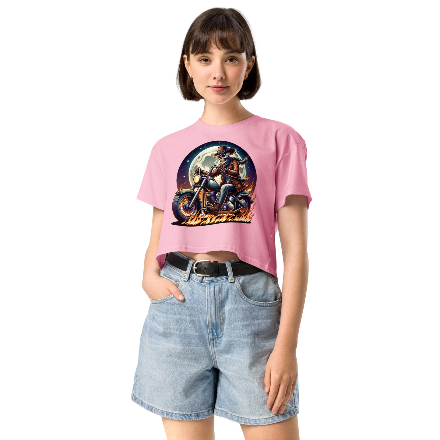 Moonlight Skeleton Cowboy Biker Women’s Crop Top