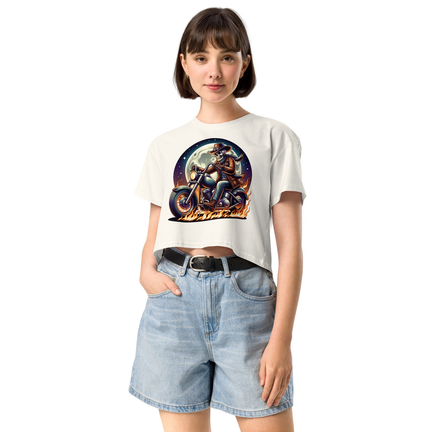 Moonlight Skeleton Cowboy Biker Women’s Crop Top