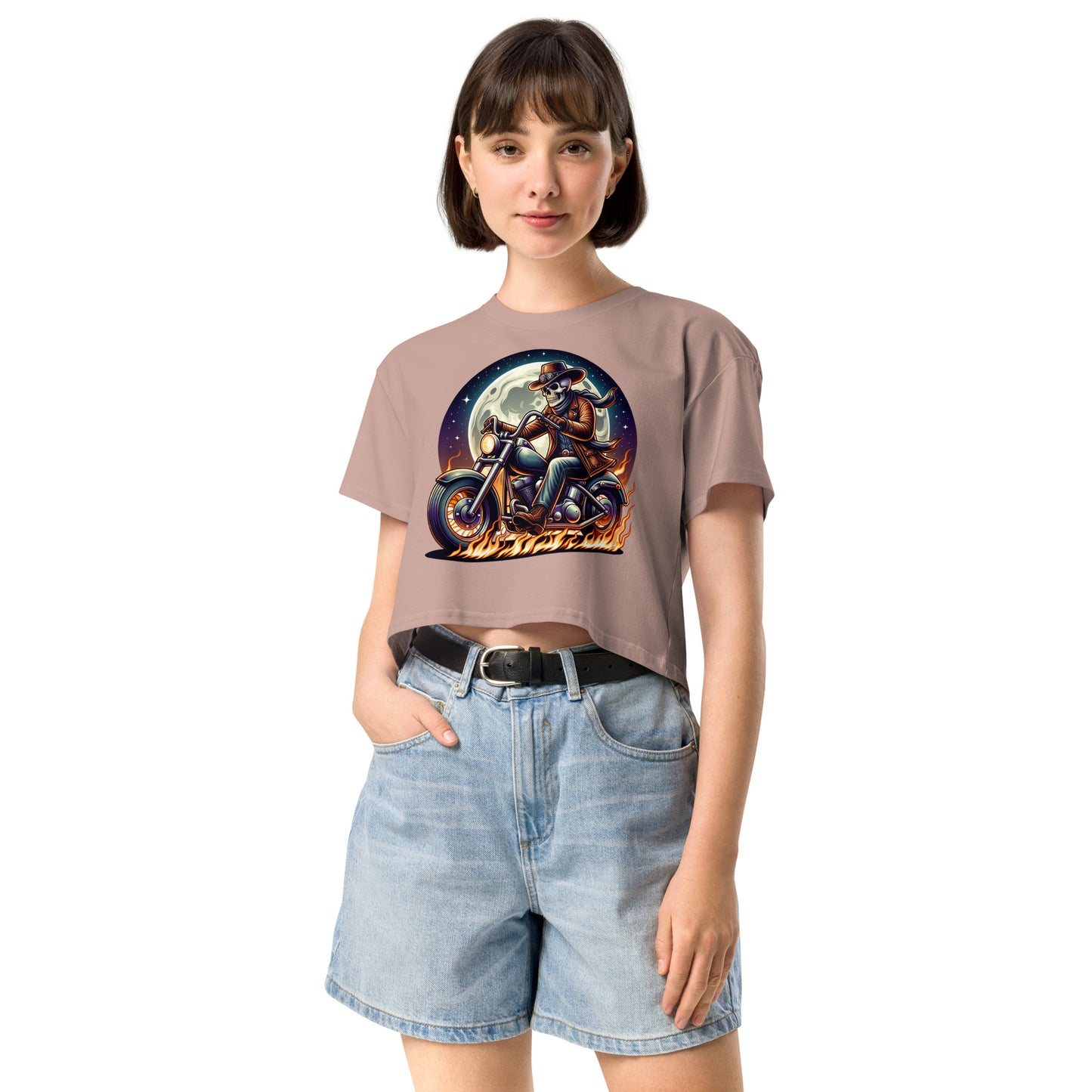 Moonlight Skeleton Cowboy Biker Women’s Crop Top