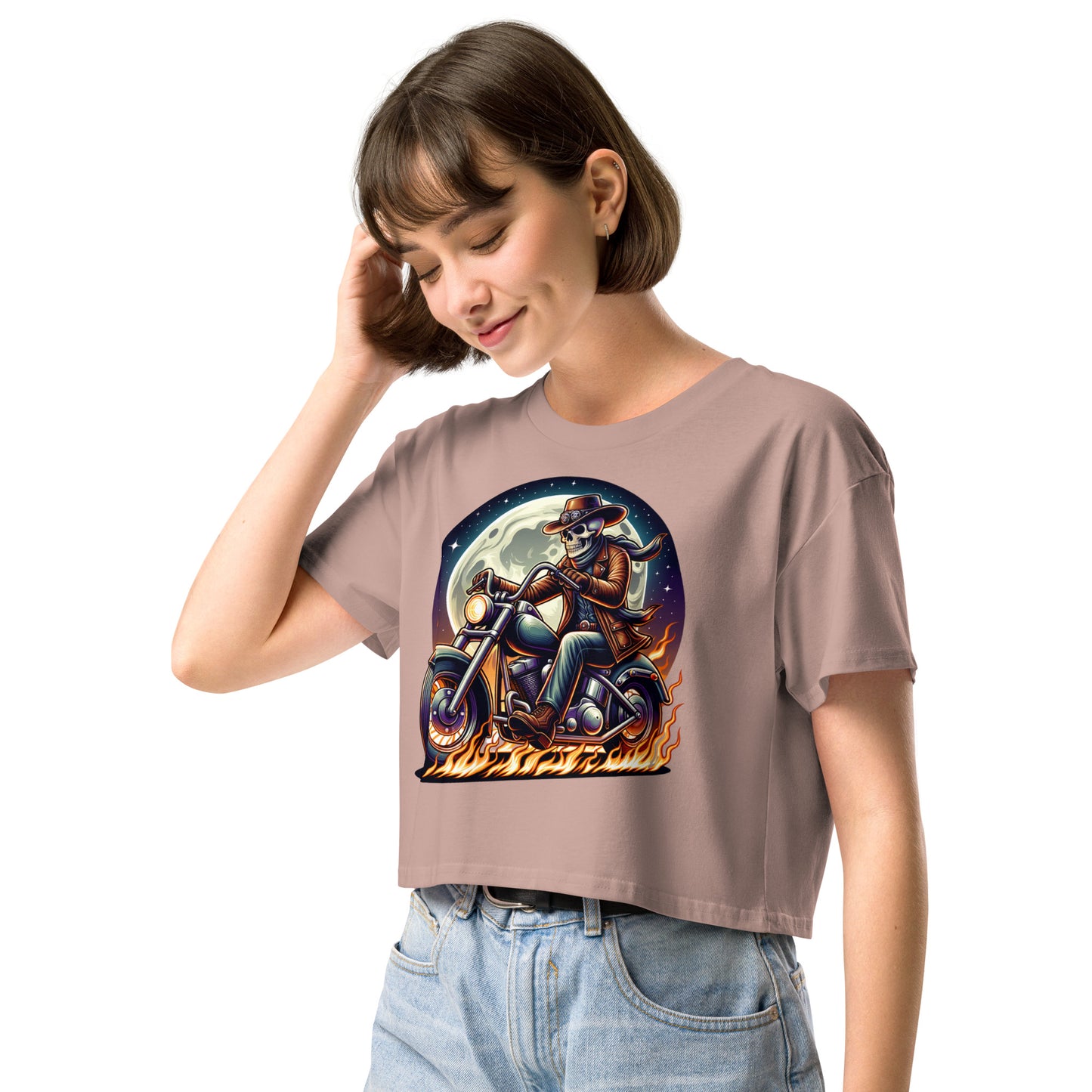 Moonlight Skeleton Cowboy Biker Women’s Crop Top