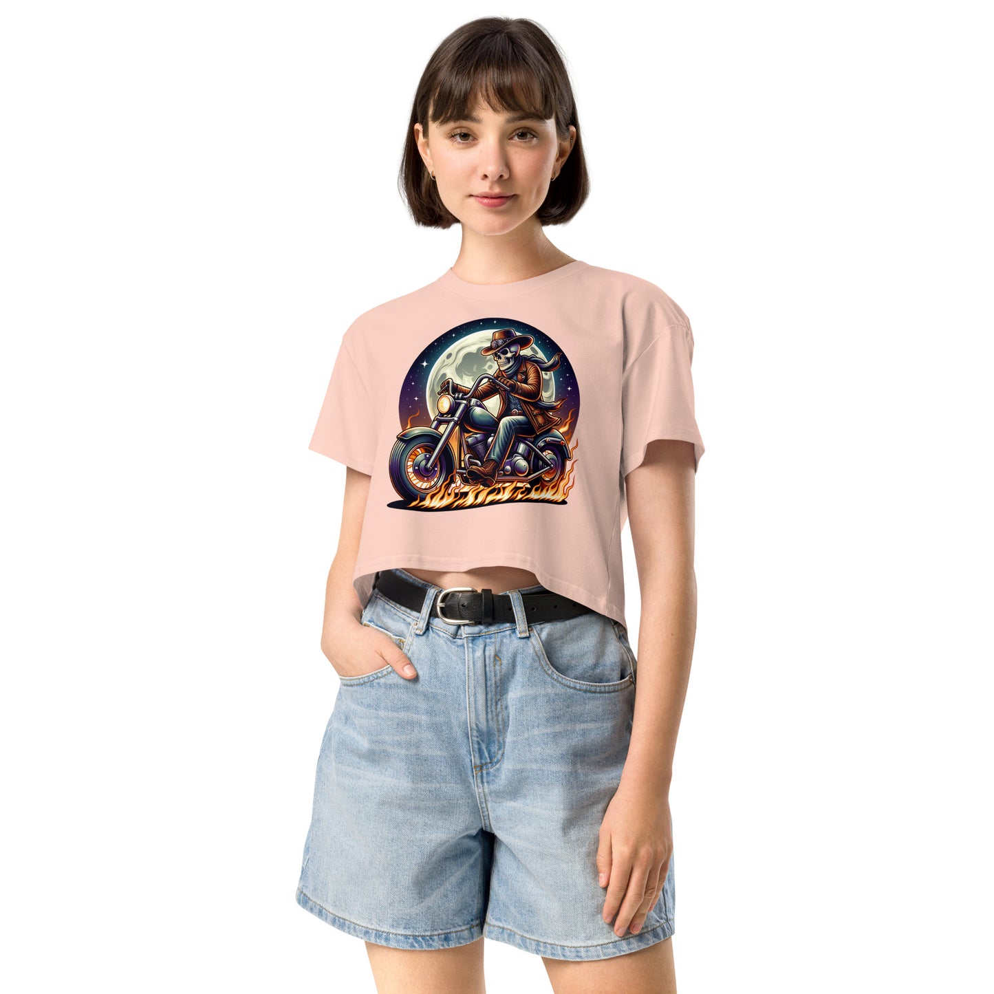 Moonlight Skeleton Cowboy Biker Women’s Crop Top