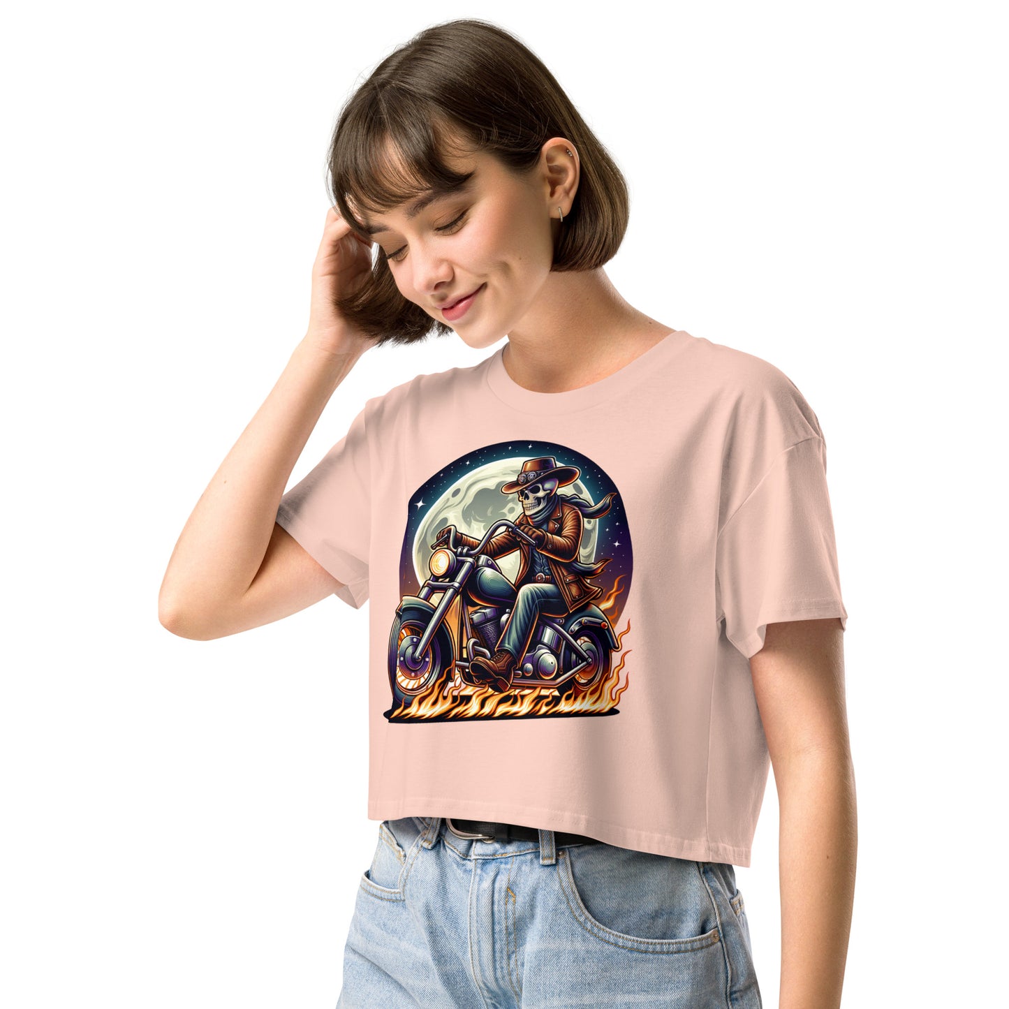 Moonlight Skeleton Cowboy Biker Women’s Crop Top