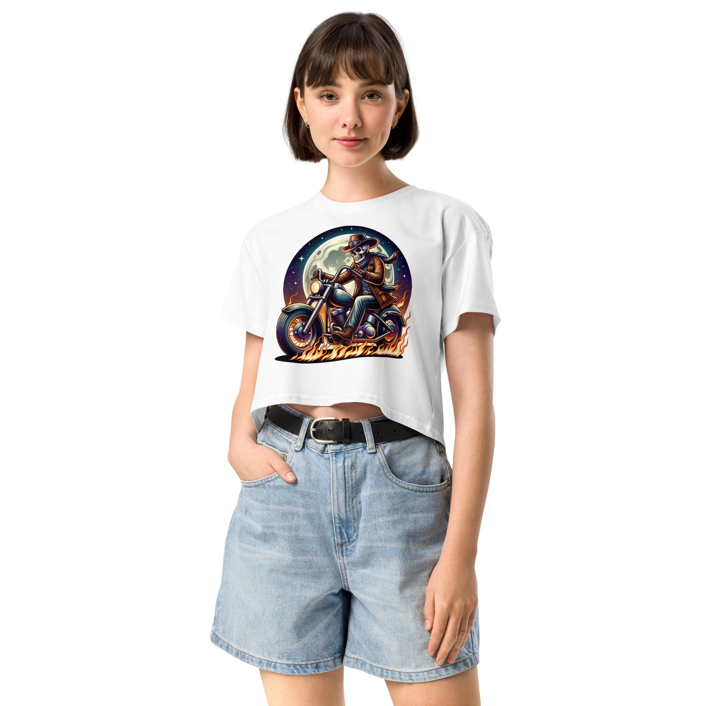 Moonlight Skeleton Cowboy Biker Women’s Crop Top