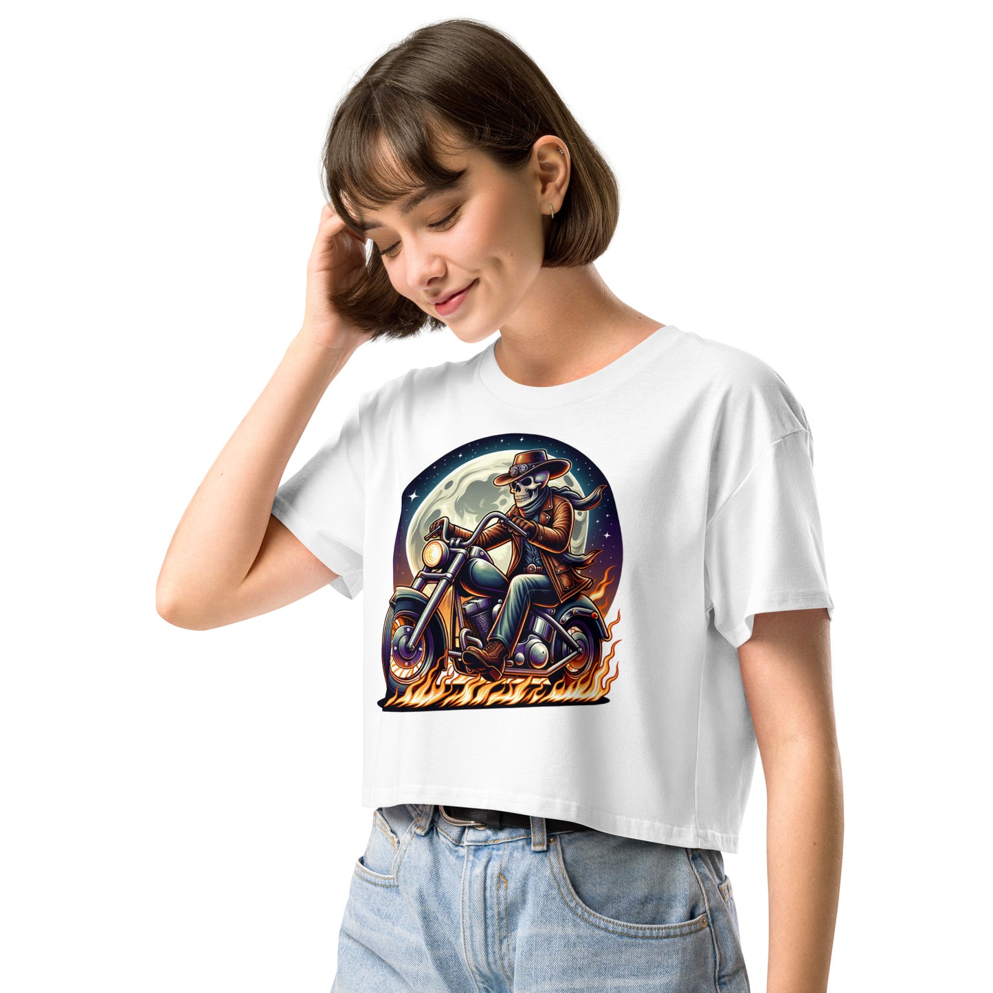 Moonlight Skeleton Cowboy Biker Women’s Crop Top