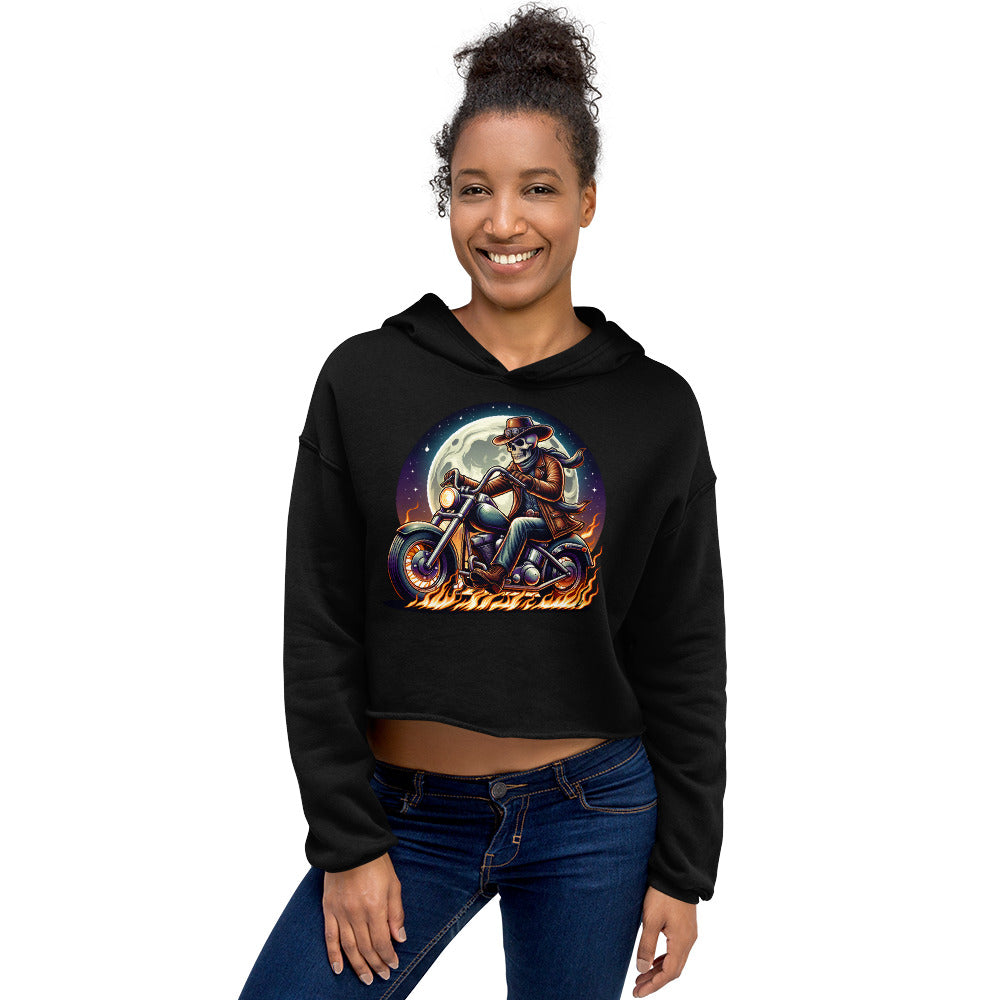 Moonlight Skeleton Cowboy Biker Women’s Crop Hoodie