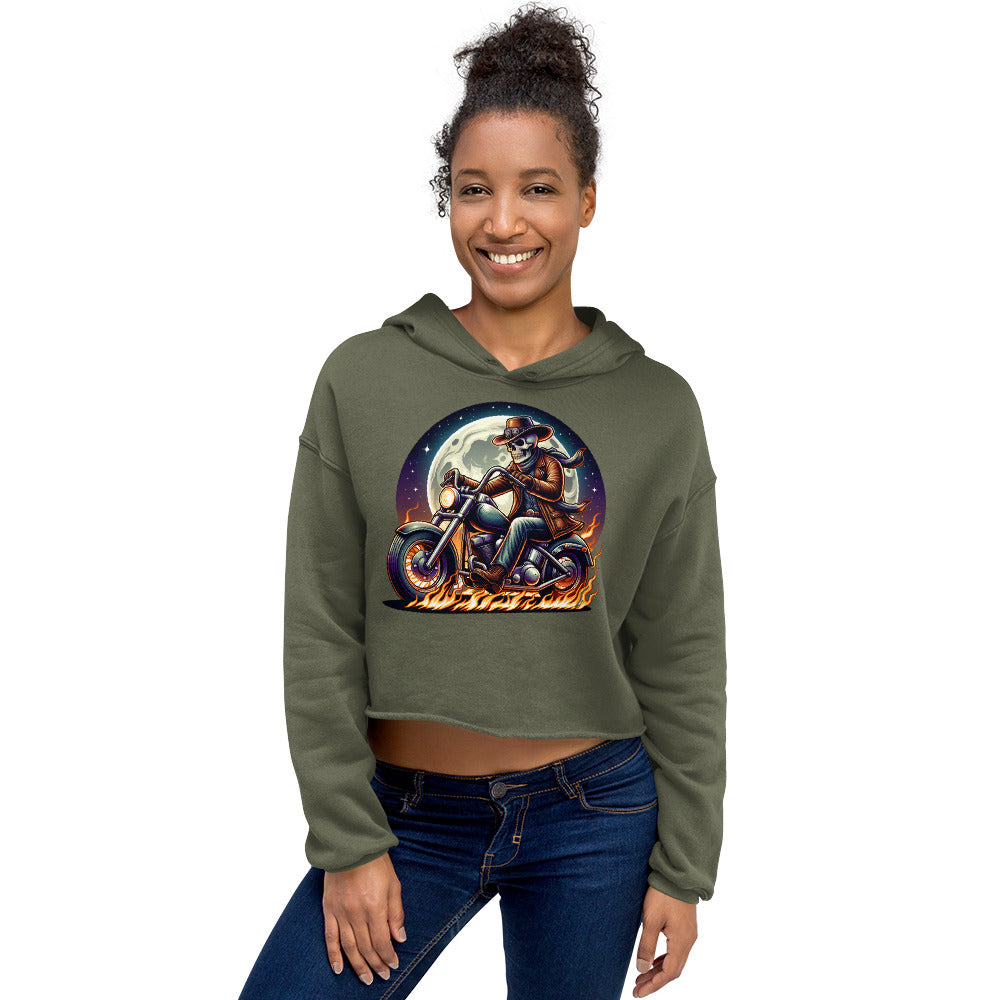 Moonlight Skeleton Cowboy Biker Women’s Crop Hoodie