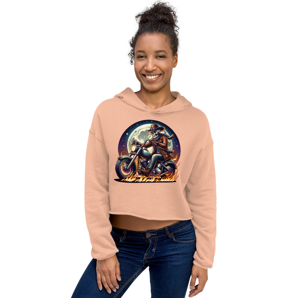 Moonlight Skeleton Cowboy Biker Women’s Crop Hoodie