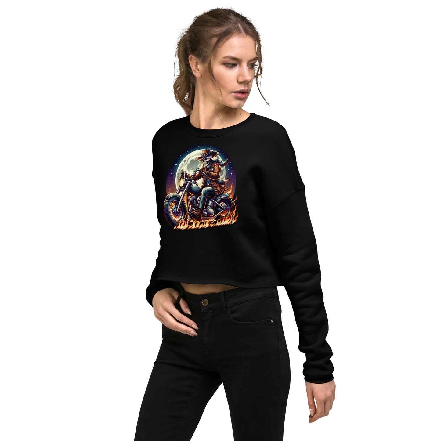 Moonlight Skeleton Cowboy Biker Women’s Crop Sweatshirt