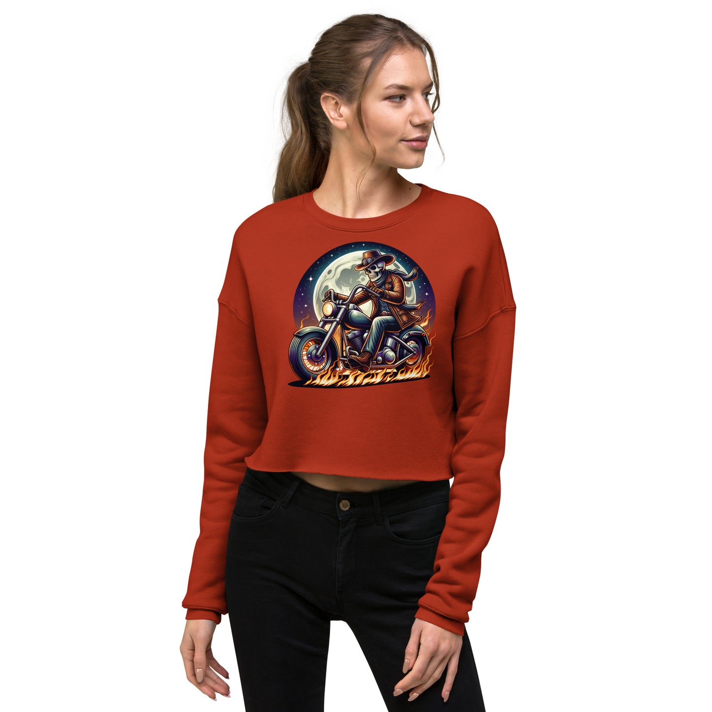 Moonlight Skeleton Cowboy Biker Women’s Crop Sweatshirt