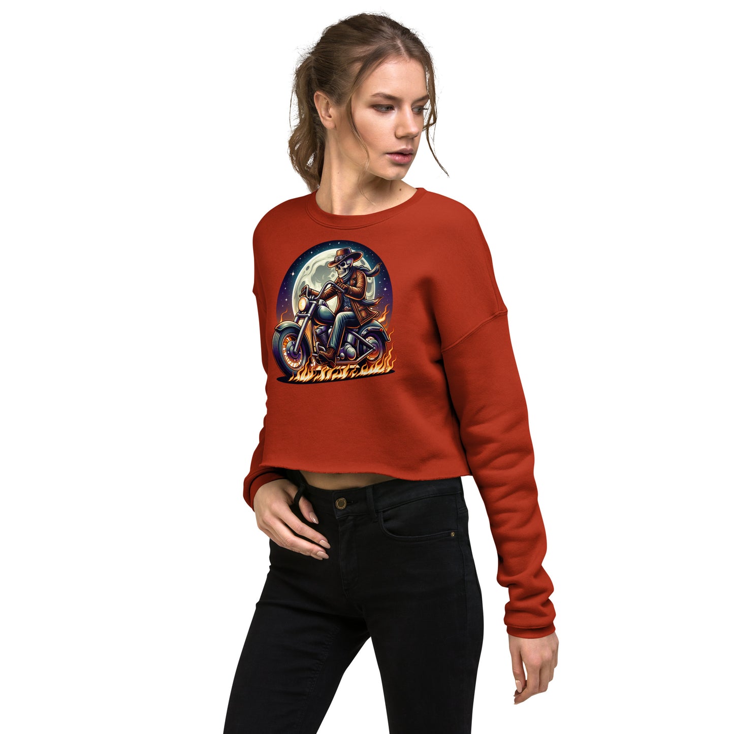 Moonlight Skeleton Cowboy Biker Women’s Crop Sweatshirt