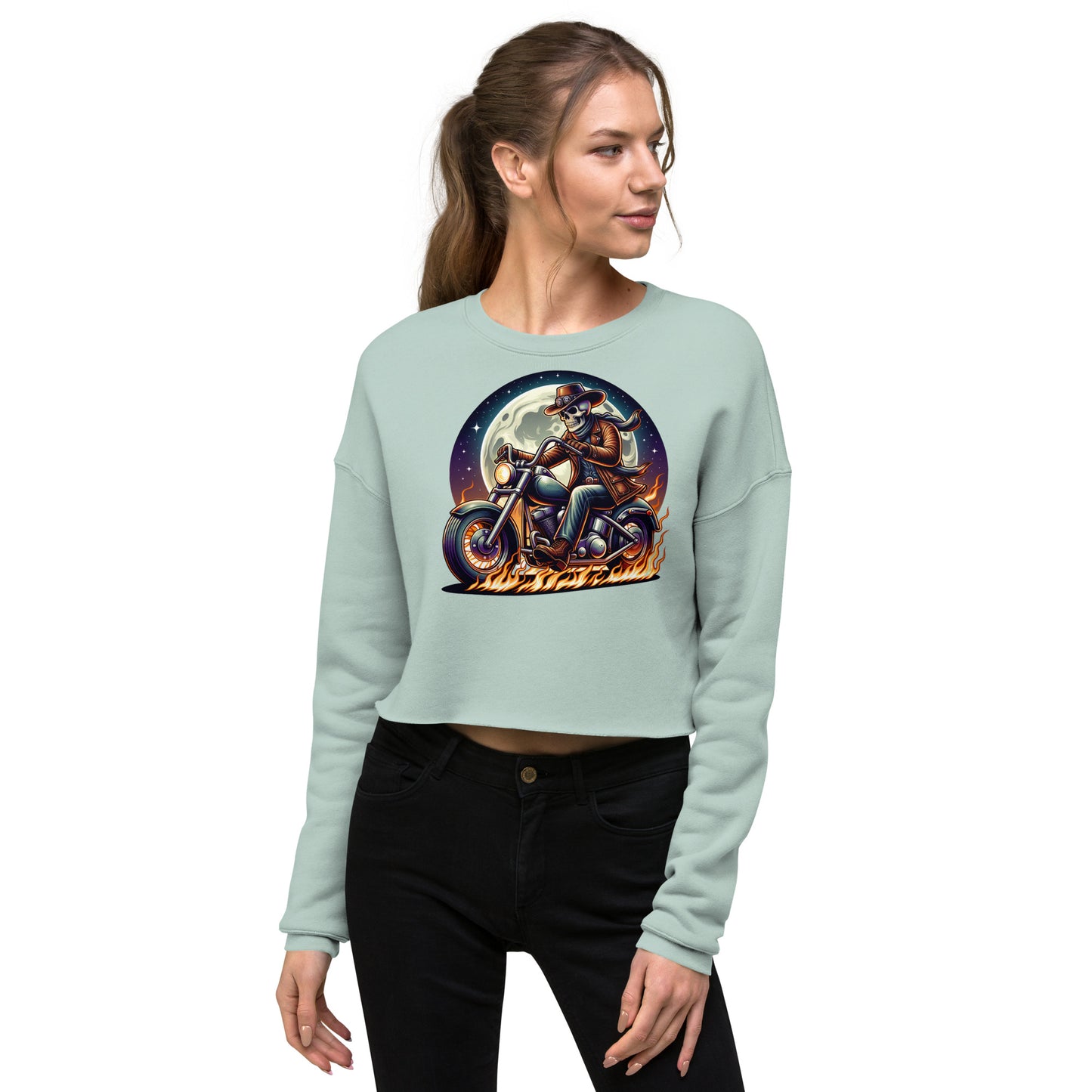 Moonlight Skeleton Cowboy Biker Women’s Crop Sweatshirt