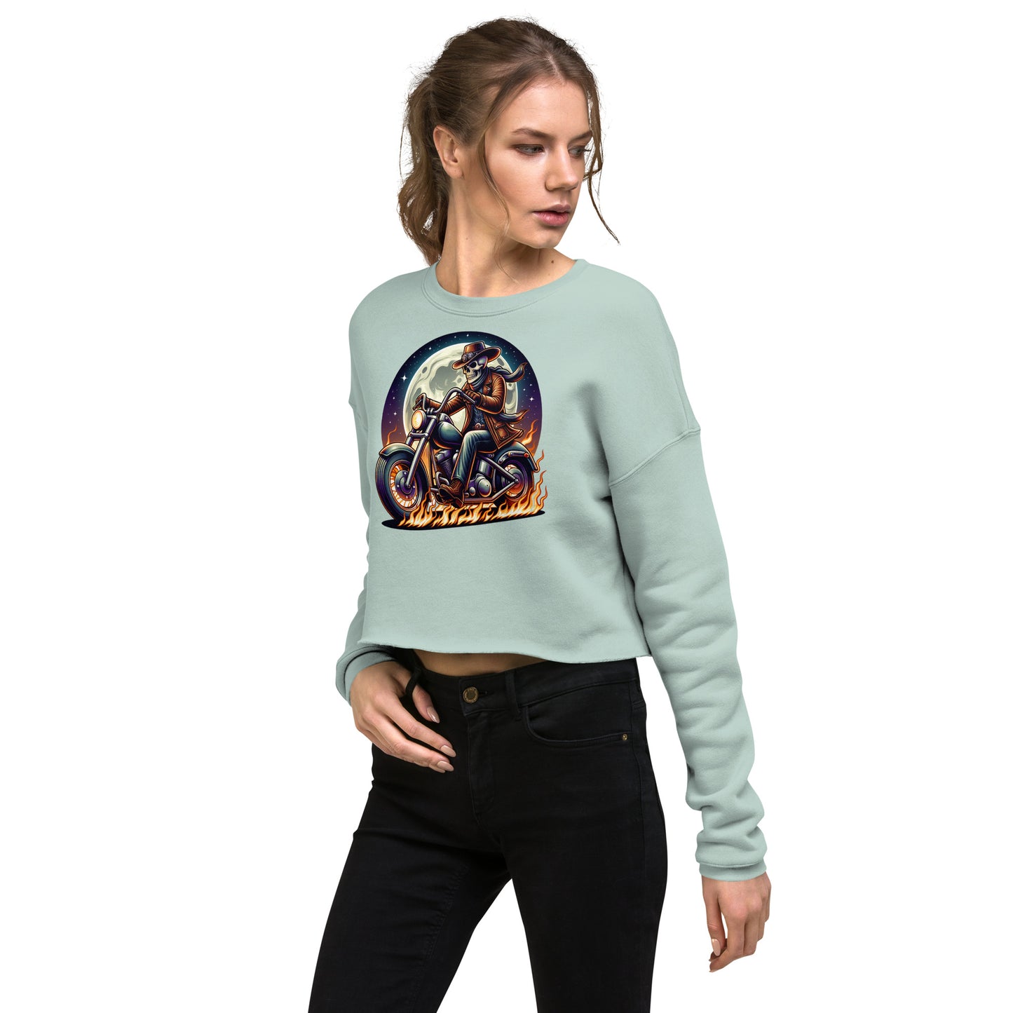 Moonlight Skeleton Cowboy Biker Women’s Crop Sweatshirt