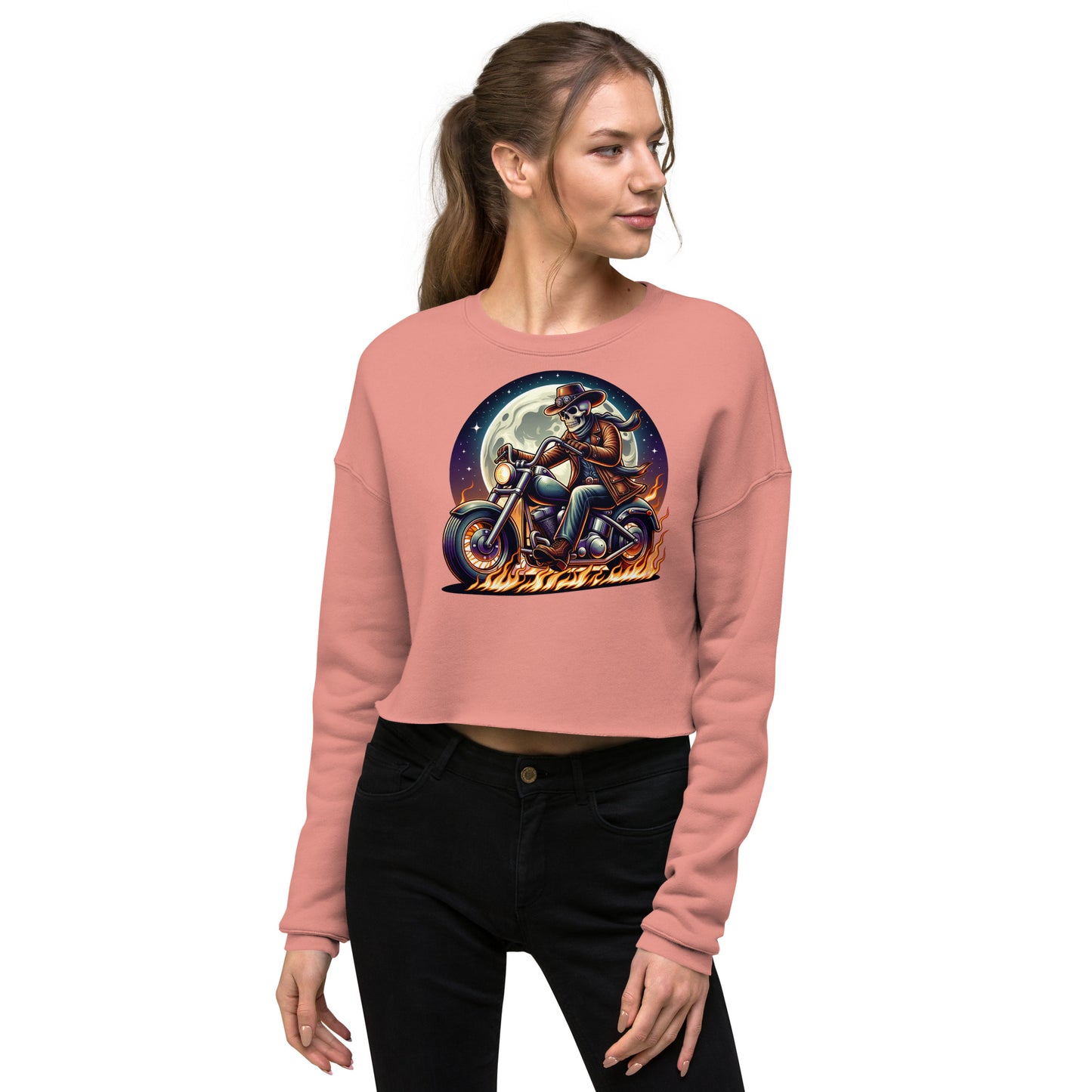 Moonlight Skeleton Cowboy Biker Women’s Crop Sweatshirt