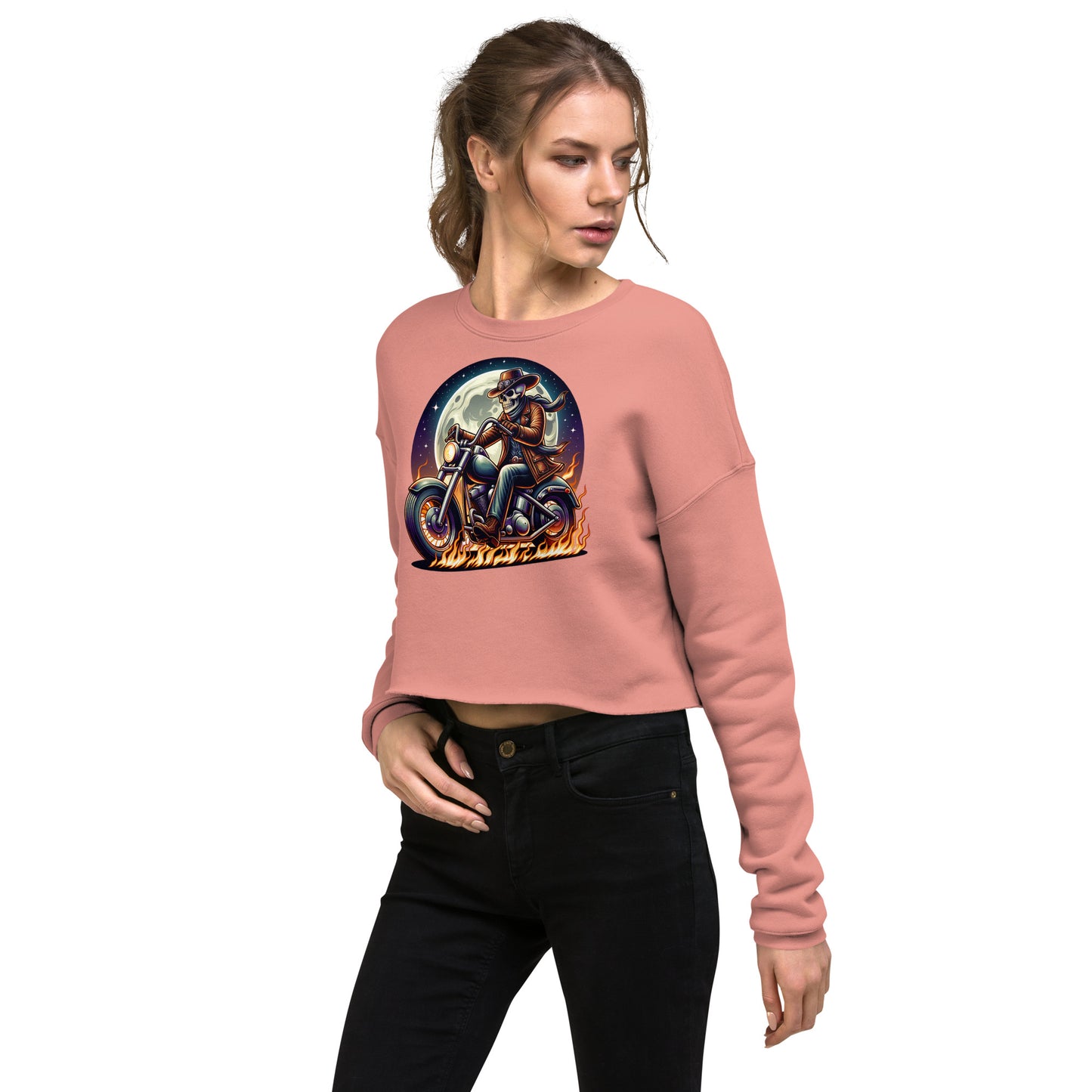 Moonlight Skeleton Cowboy Biker Women’s Crop Sweatshirt