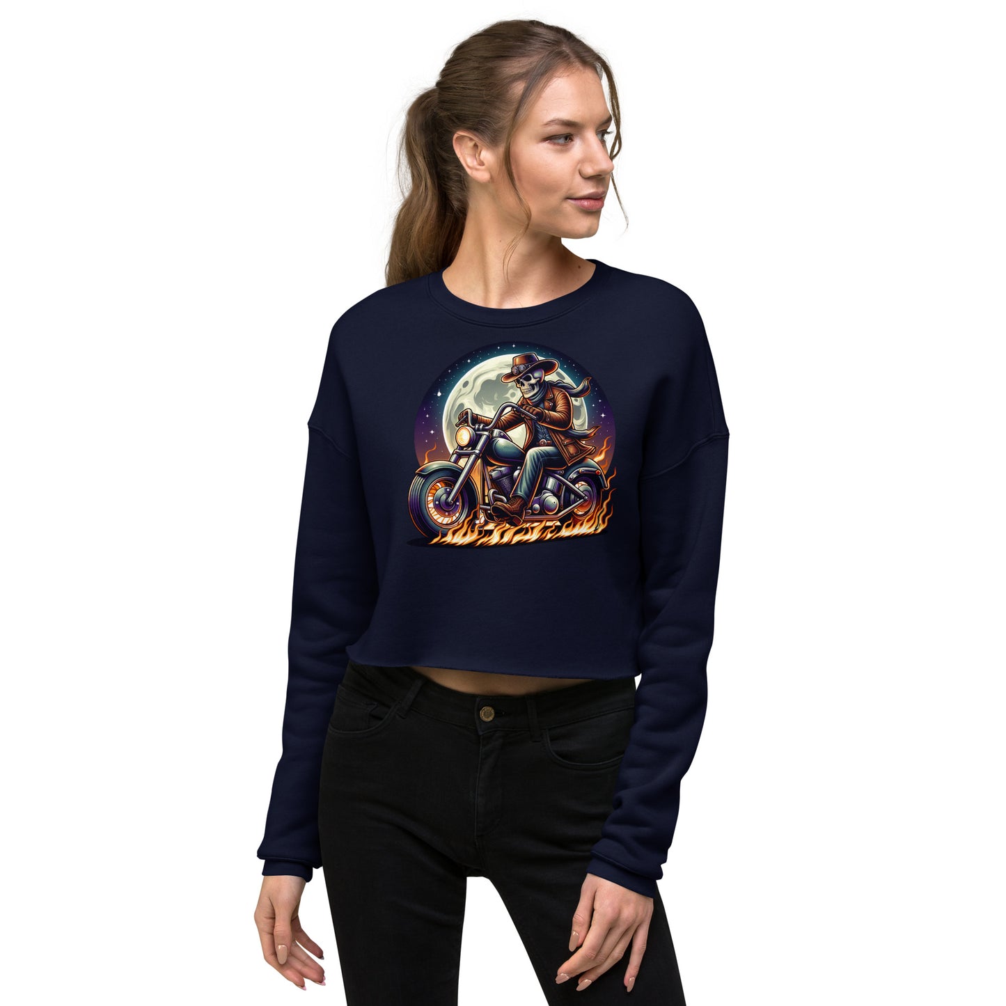 Moonlight Skeleton Cowboy Biker Women’s Crop Sweatshirt